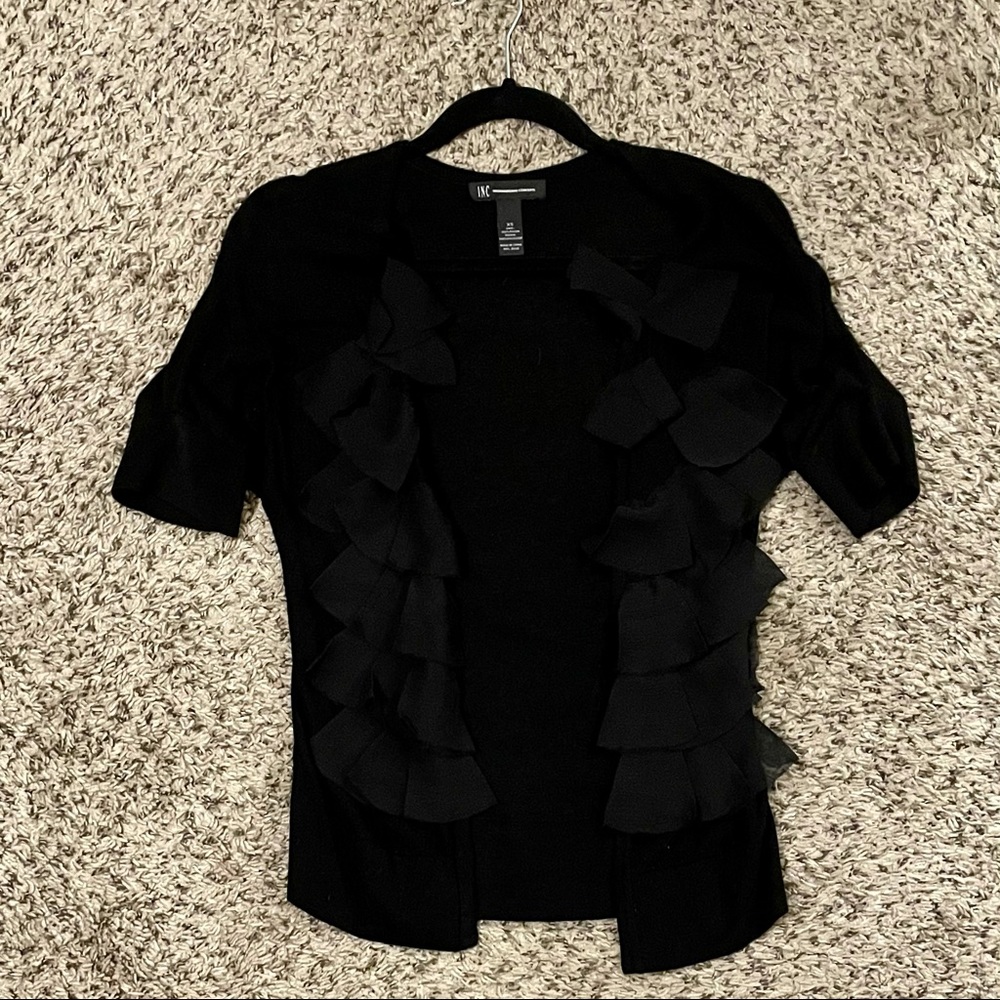 INC Black Ruffle Short Sleeve Cardigan